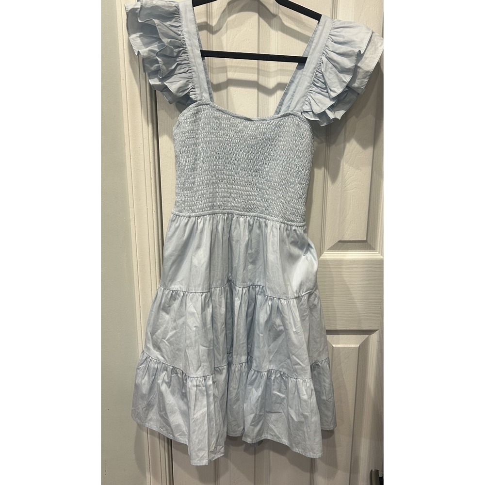 Miou Muse Blue Smocked Tiered Ruffle Strap Dress Fit and Flare Size Medium Mini